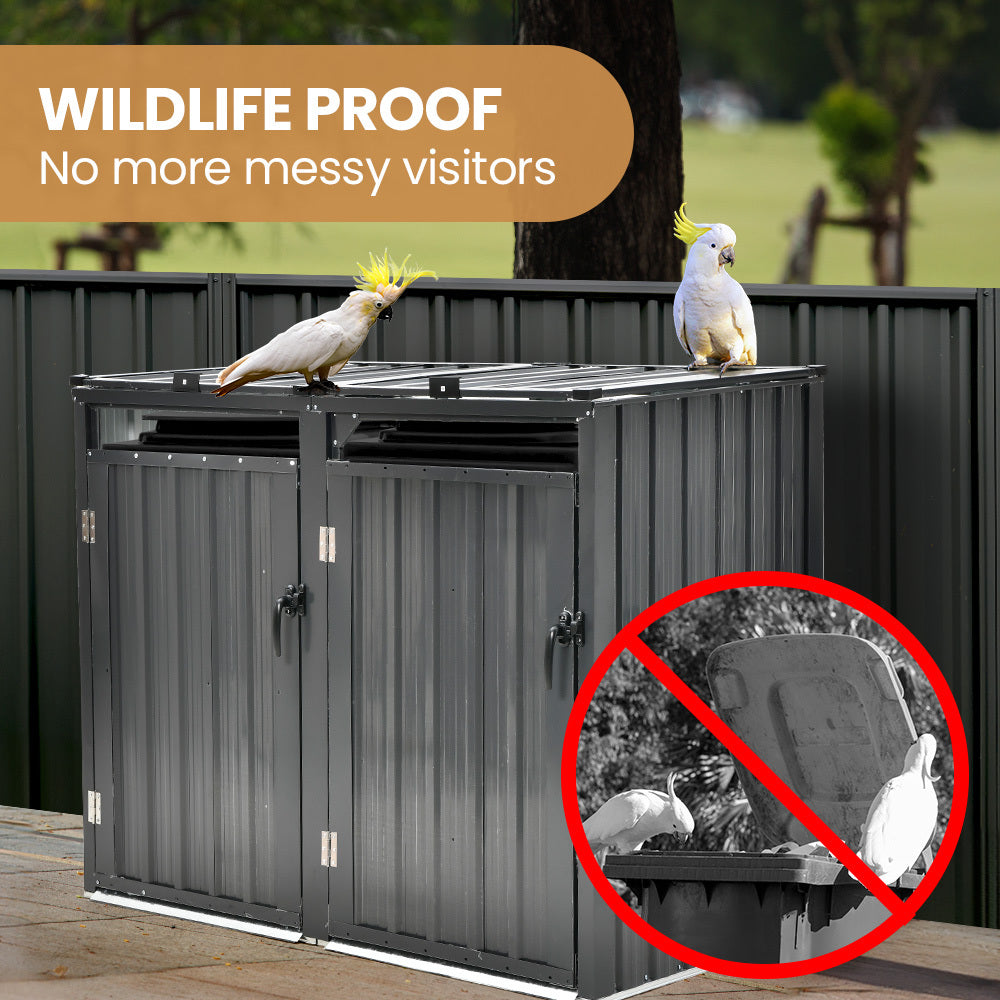PLANTCRAFT Double Steel Wheelie Garbage Bin Storage Shed, Enclosure with 2 Opening Doors V219-GBGSTLPCGS2A