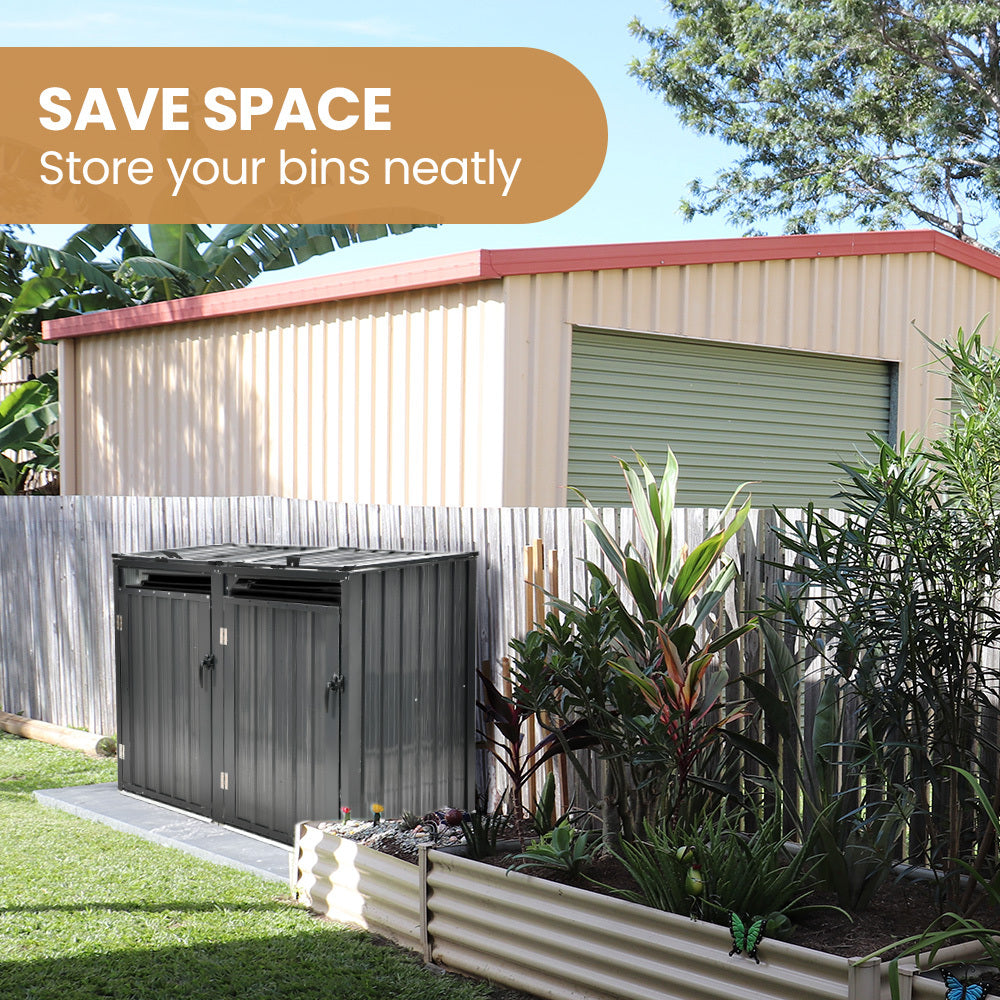 PLANTCRAFT Double Steel Wheelie Garbage Bin Storage Shed, Enclosure with 2 Opening Doors V219-GBGSTLPCGS2A