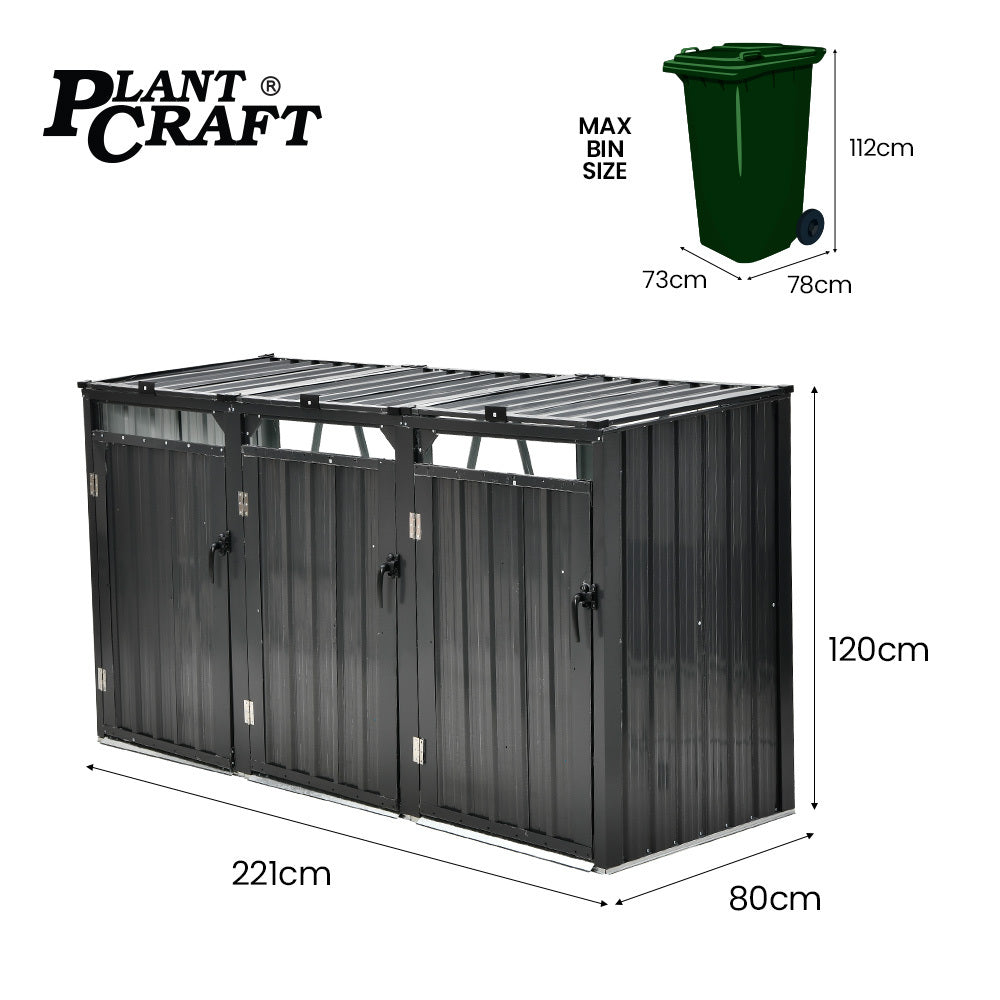 PLANTCRAFT Triple Steel Wheelie Garbage Bin Storage Shed, Enclosure with 3 Opening Doors V219-GBGSTLPCGS3A