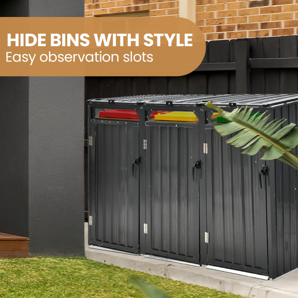 PLANTCRAFT Triple Steel Wheelie Garbage Bin Storage Shed, Enclosure with 3 Opening Doors V219-GBGSTLPCGS3A