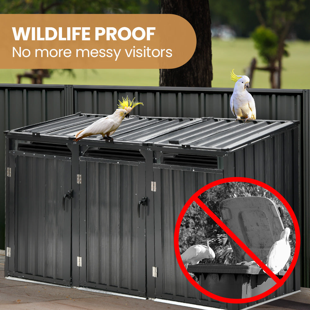 PLANTCRAFT Triple Steel Wheelie Garbage Bin Storage Shed, Enclosure with 3 Opening Doors V219-GBGSTLPCGS3A