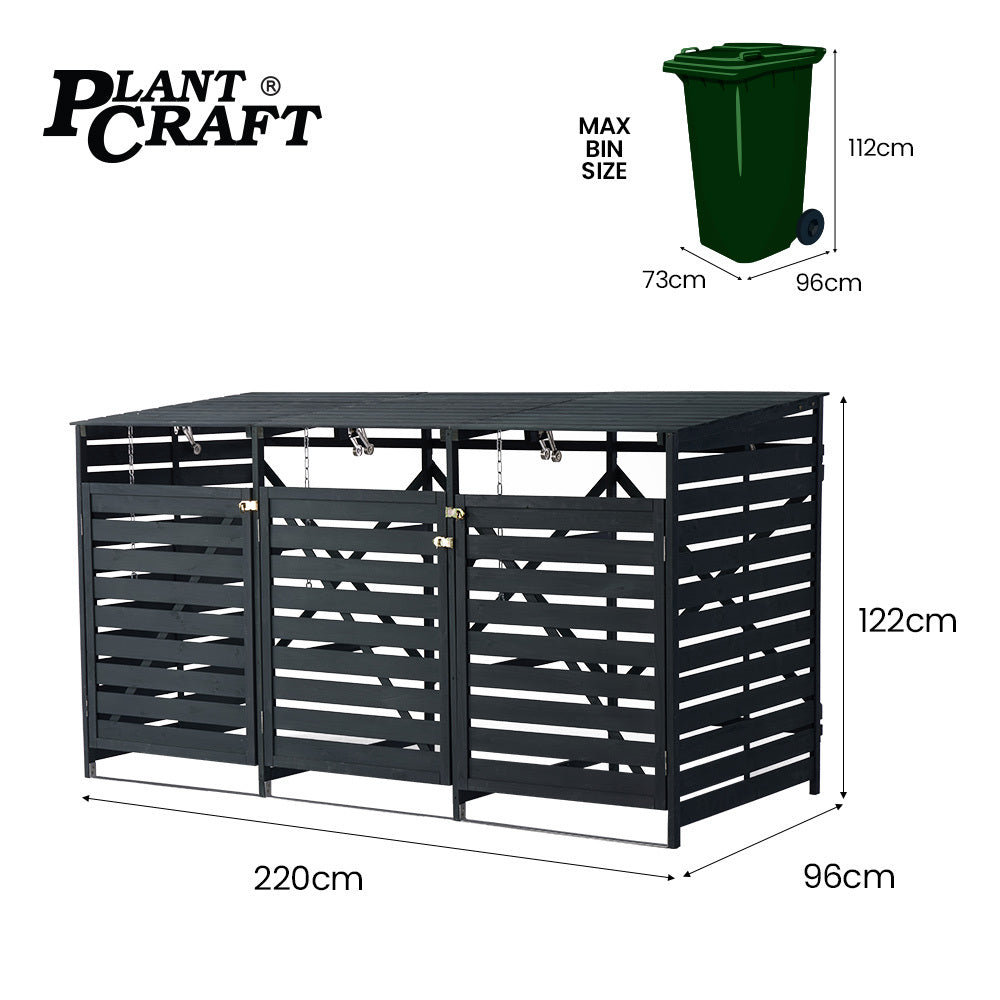 PlantCraft Triple Wood Wheelie Bins Storage Shed, 3 Door Garbage Rubbish Bin Enclosure V219-GBGWODPCW3DA