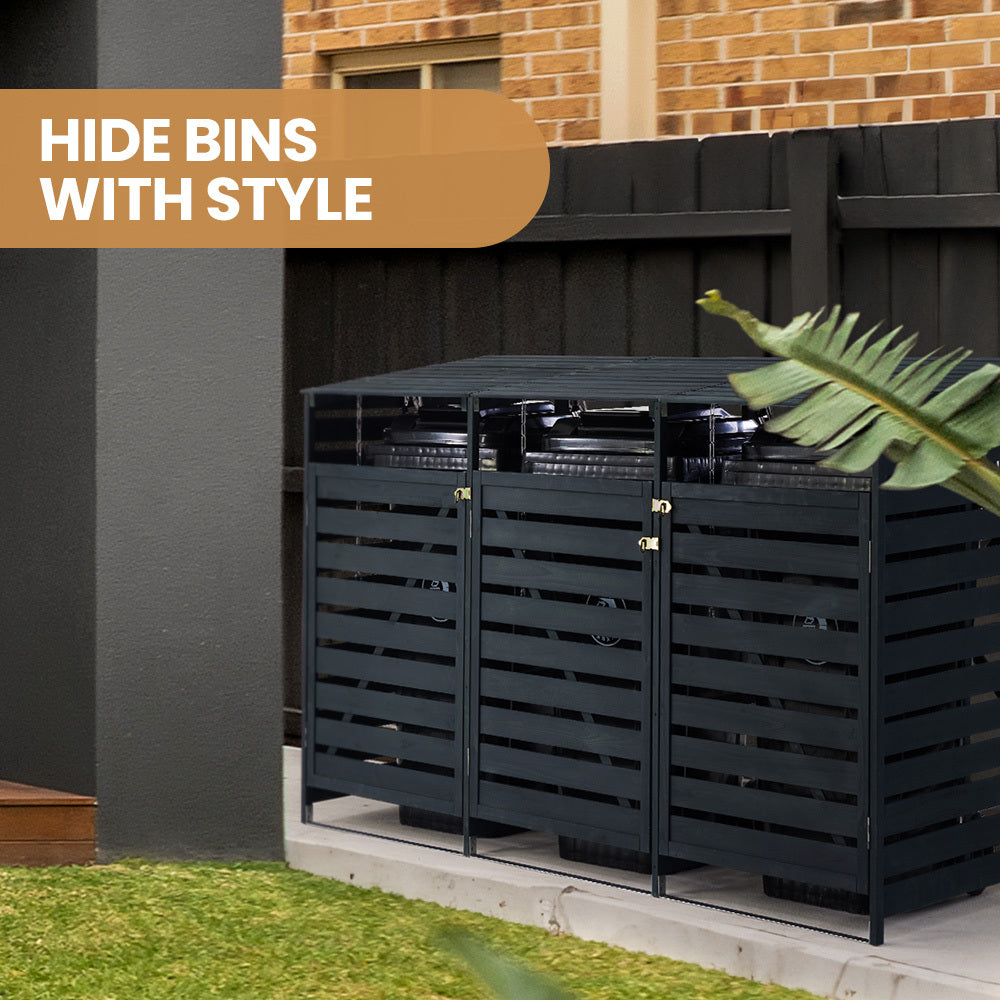 PlantCraft Triple Wood Wheelie Bins Storage Shed, 3 Door Garbage Rubbish Bin Enclosure V219-GBGWODPCW3DA