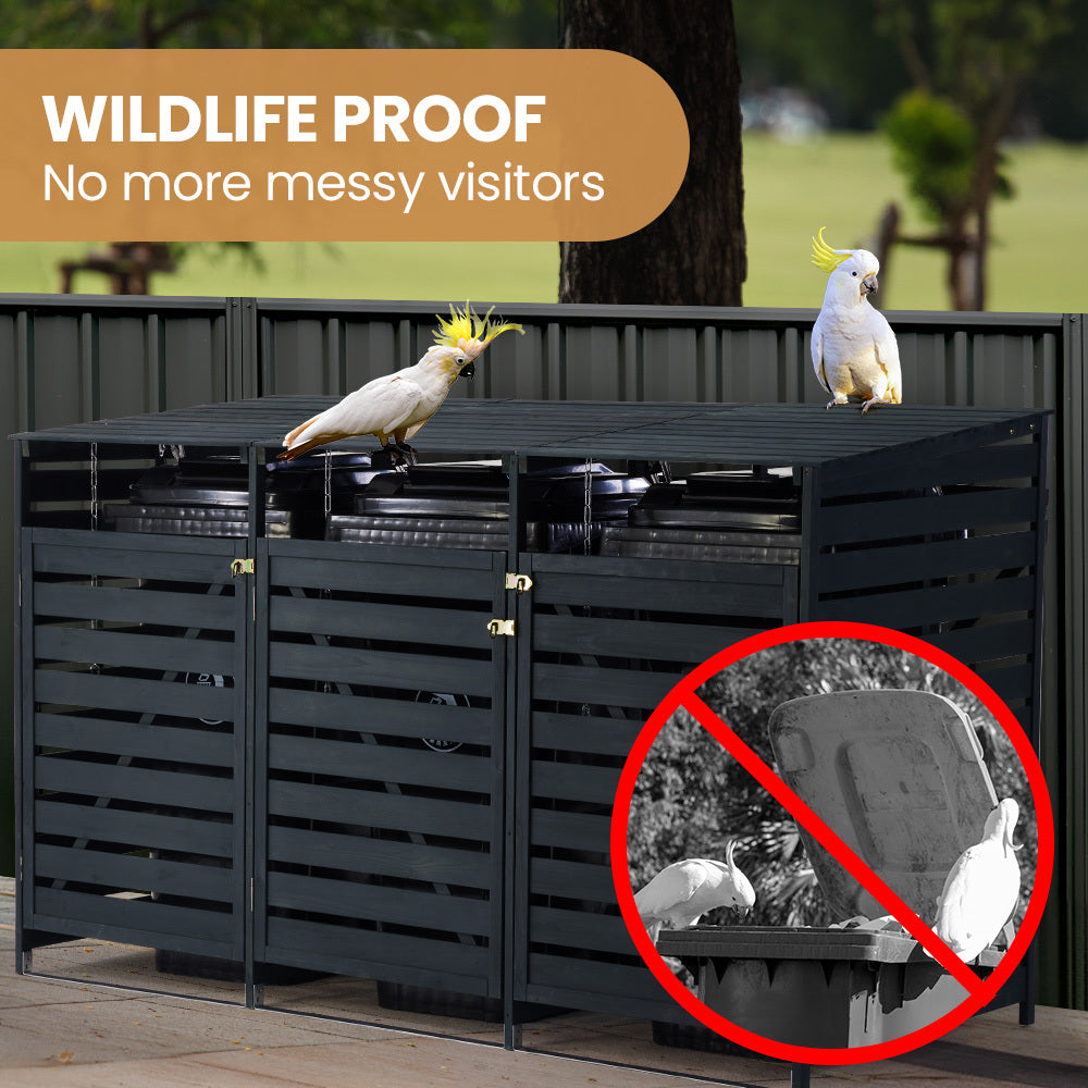 PlantCraft Triple Wood Wheelie Bins Storage Shed, 3 Door Garbage Rubbish Bin Enclosure V219-GBGWODPCW3DA