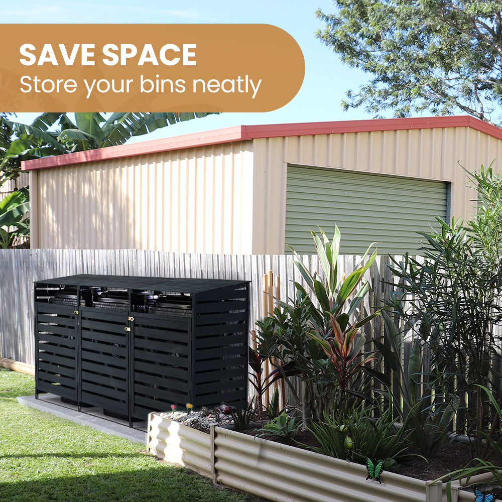 PlantCraft Triple Wood Wheelie Bins Storage Shed, 3 Door Garbage Rubbish Bin Enclosure V219-GBGWODPCW3DA