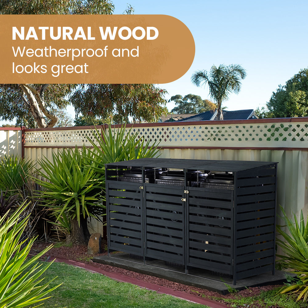 PlantCraft Triple Wood Wheelie Bins Storage Shed, 3 Door Garbage Rubbish Bin Enclosure V219-GBGWODPCW3DA