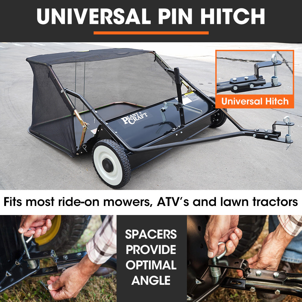 PlantCraft Lawn Sweeper 38" Wide, Tow Behind Leaf and Grass Clipping Collector, Universal Hitch for Ride on V219-GDTSWPPCT38A