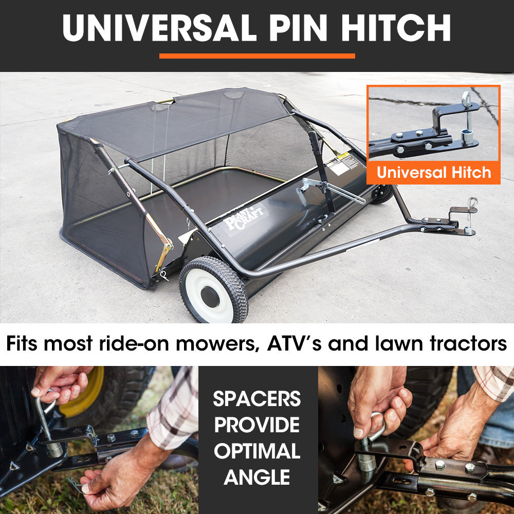PlantCraft Lawn Sweeper 48" Wide, Tow Behind Leaf and Grass Clipping Collector, Universal Hitch for Ride on V219-GDTSWPPCT48A
