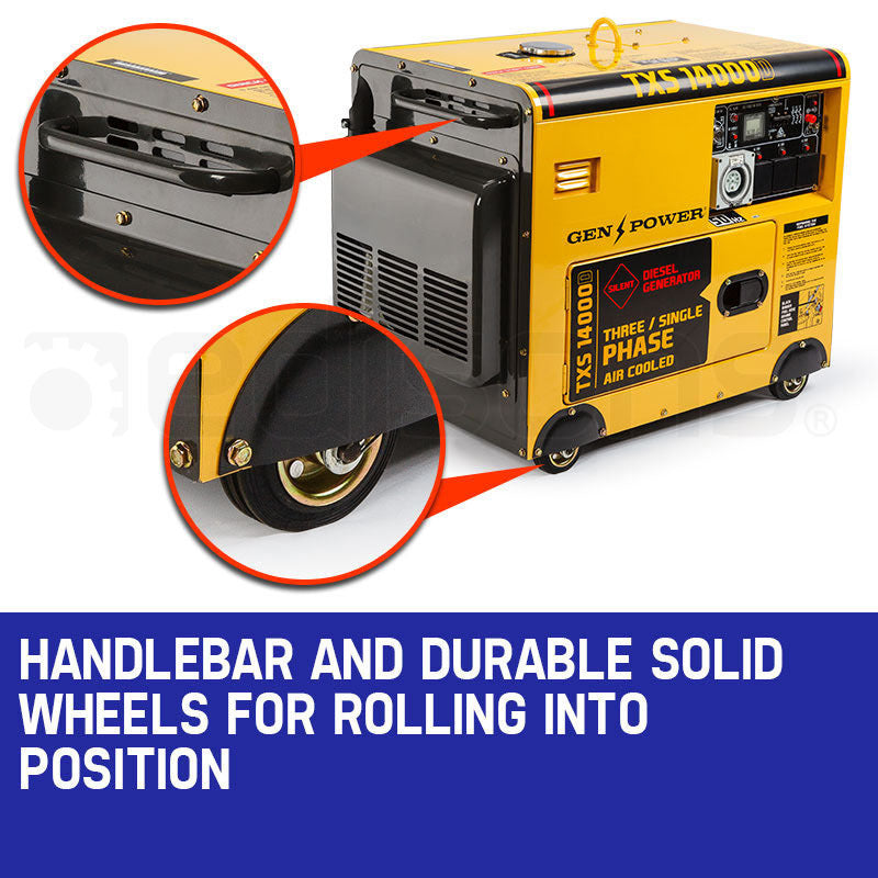 GENPOWER 7kW Peak 5kW Rated Commercial Diesel Generator, Electric Key Start, 1 x 20A 415V 3 Phase, 3 x 15A V219-GEN3DSGPRC1M4