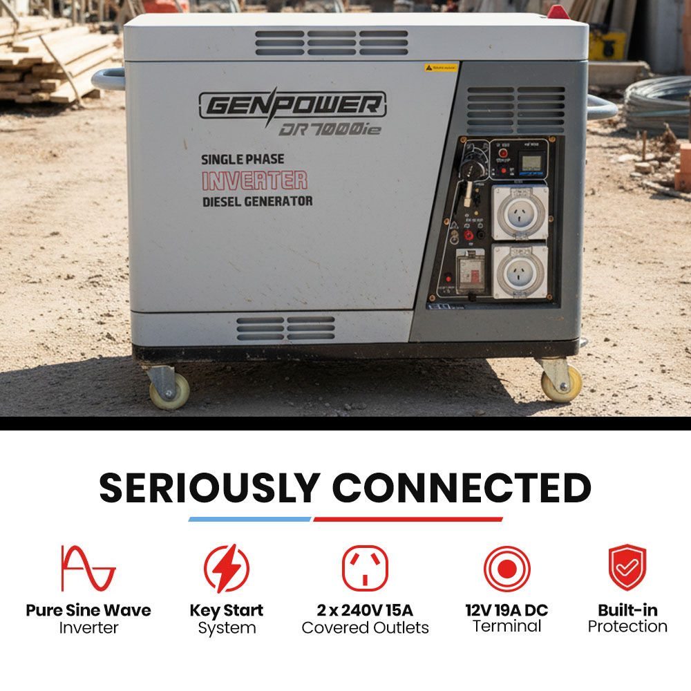 GENPOWER 6.5kW Peak 5kW Rated Diesel Inverter Commercial Generator, Electric Key Start, 2 x 15A, RCD Safety V219-GENDSLGNV5KA