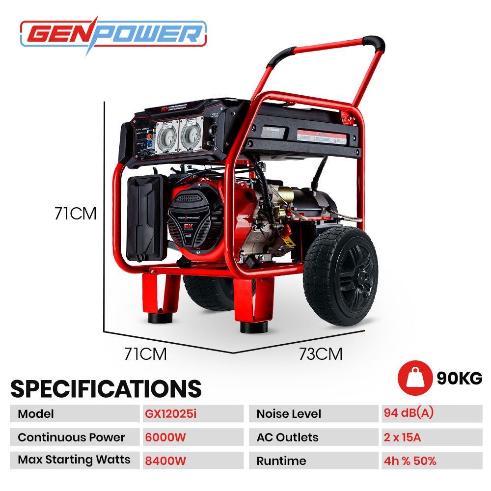 GENPOWER Portable Petrol Generator 8.4kW Max 6kW Rated Single Phase 18HP 420cc 4-Stroke Engine V219-GENPTLGPRB12K