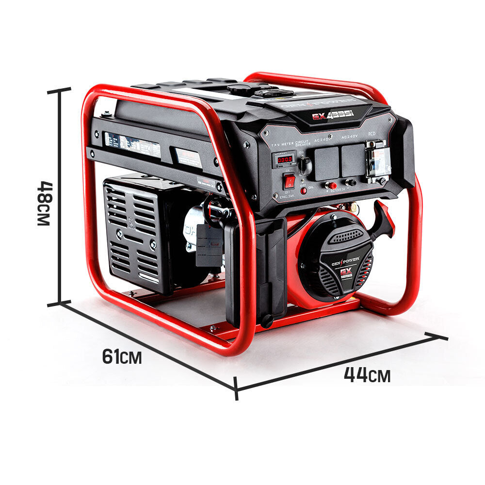 GENPOWER 4.2kW Peak 3kW Rated Generator Single-Phase Petrol - Site Portable V219-GENPTLGPRB4K3