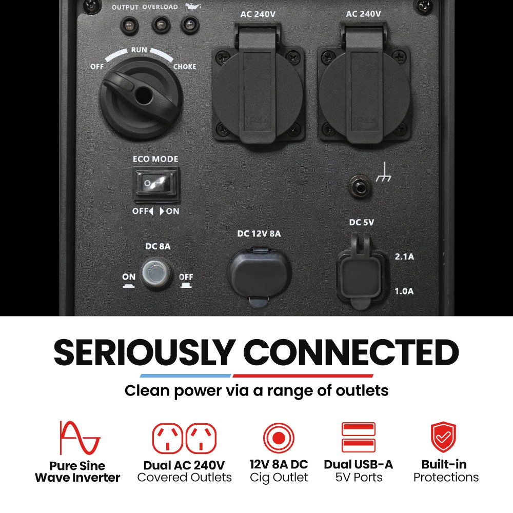GENPOWER 2.3kW Peak 1.8kW Inverter Generator, 2x15A, 12V, USB, Portable, Petrol, Camping, Home Backup V219-GENPTRGN23SA