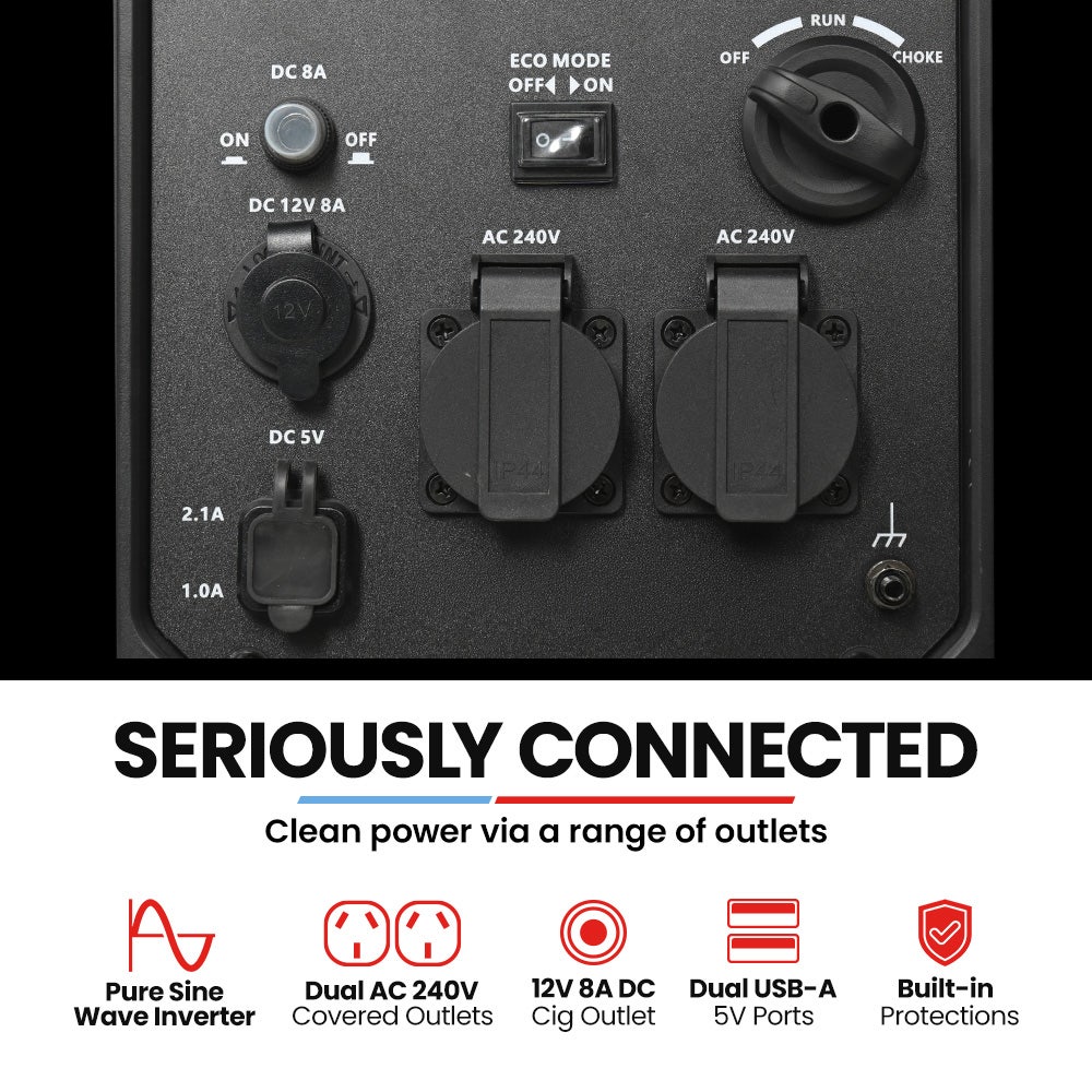 GENPOWER 3.5kW Peak 3kW Enclosed Inverter Generator, 2x15A, 12V, USB, Portable, Compact, Camping, Backup V219-GENPTRGN35SA