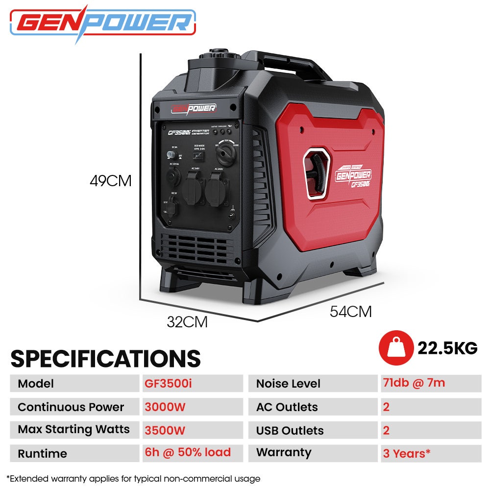 GENPOWER 3.5kW Peak 3kW Enclosed Inverter Generator, 2x15A, 12V, USB, Portable, Compact, Camping, Backup V219-GENPTRGN35SA