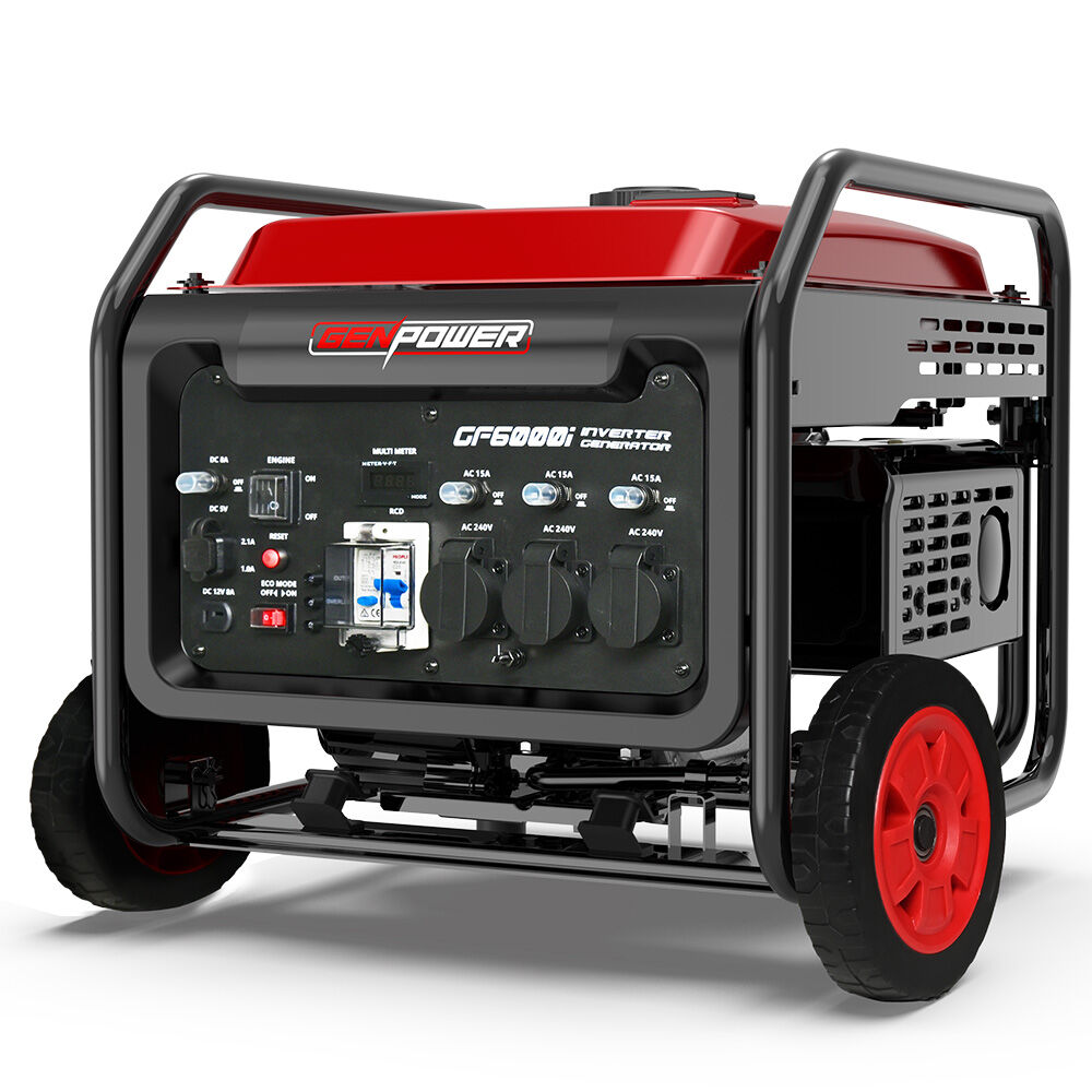 GENPOWER 6kW Peak 5kW Open Frame Inverter Generator, 3x15A, 15L Tank, Wheels, RCD, Portable, Backup V219-GENPTRGN60FA