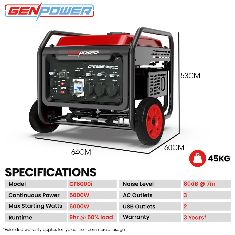 GENPOWER 6kW Peak 5kW Open Frame Inverter Generator, 3x15A, 15L Tank, Wheels, RCD, Portable, Backup V219-GENPTRGN60FA