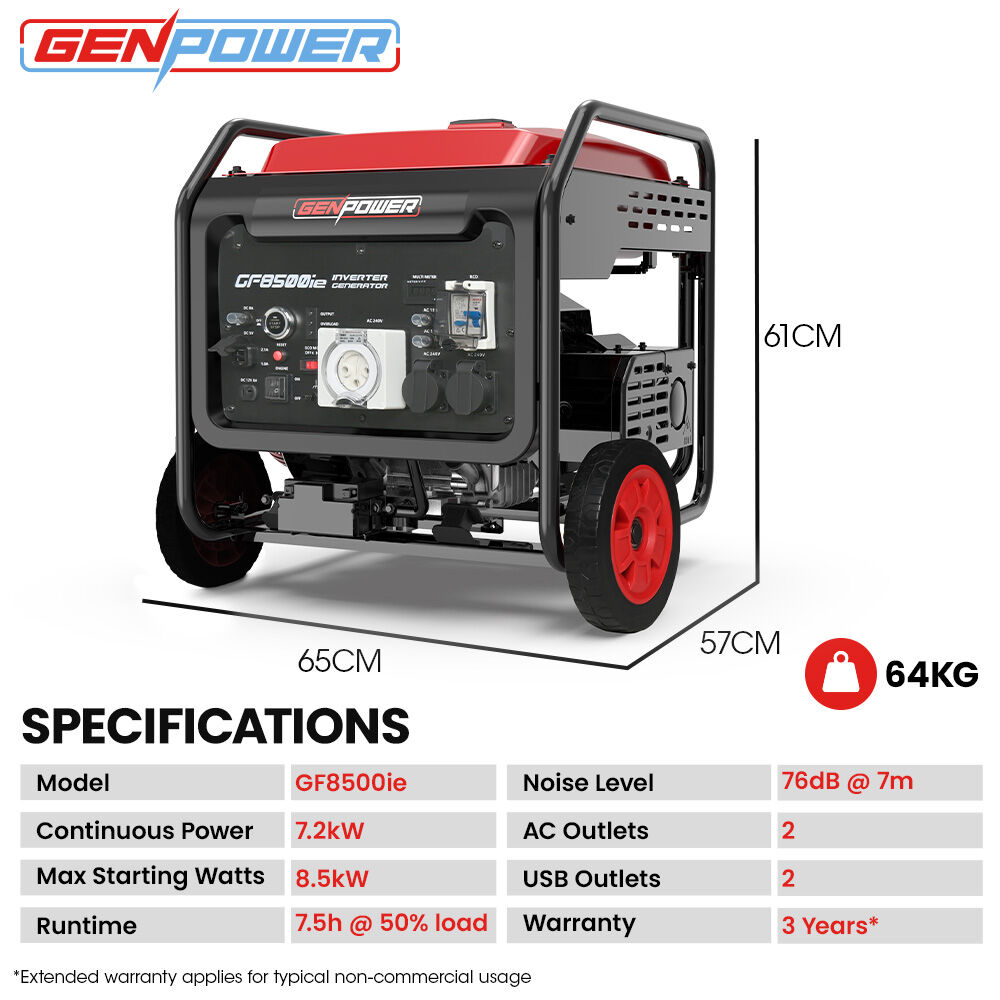 GENPOWER 8.5kW Peak 7.2kw Open Frame Inverter Generator, Push-Button Start, 2x15A, 1x32A, 20L Tank, Wheels, V219-GENPTRGN85FA