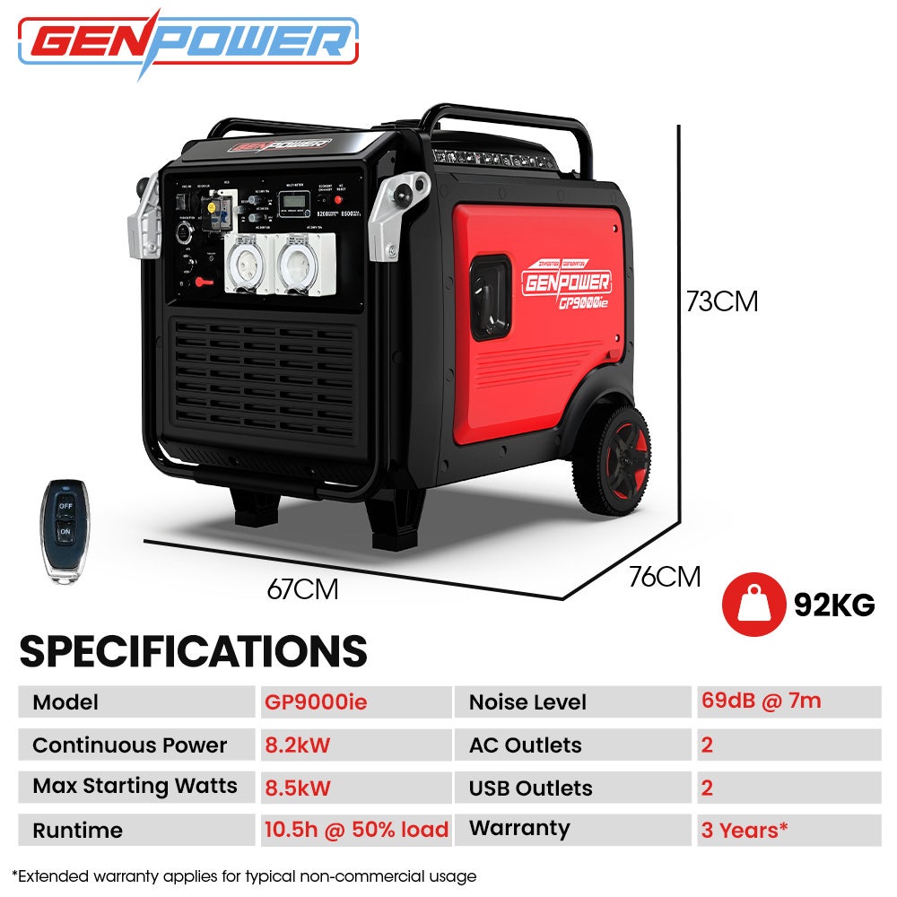 GENPOWER 8.5kW Peak 8.2kW Inverter Generator, Push Button & Remote Start, ATS Compatible, RCD, Portable w/ V219-GENPTRGN90SA