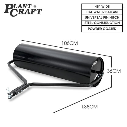 PLANTCRAFT 48" 116L Tow Behind Lawn Roller, Water or Sand Filled, for grass sod, seed, and unlevel ground V219-GRLTOWPCR48A
