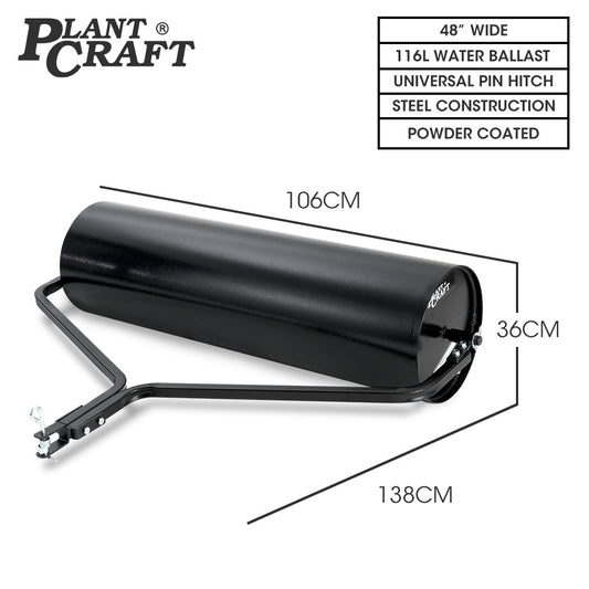 PLANTCRAFT 48" 116L Tow Behind Lawn Roller, Water or Sand Filled, for grass sod, seed, and unlevel ground V219-GRLTOWPCR48A