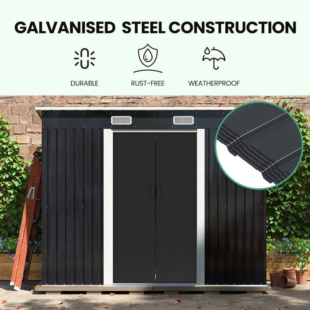PlantCraft Galvanised Steel Garden Shed 2.38 x 1.31 x 1.82m, with 2 Sliding Doors, 2 Air Vents, Skillion V219-GSDSTLPC31SA