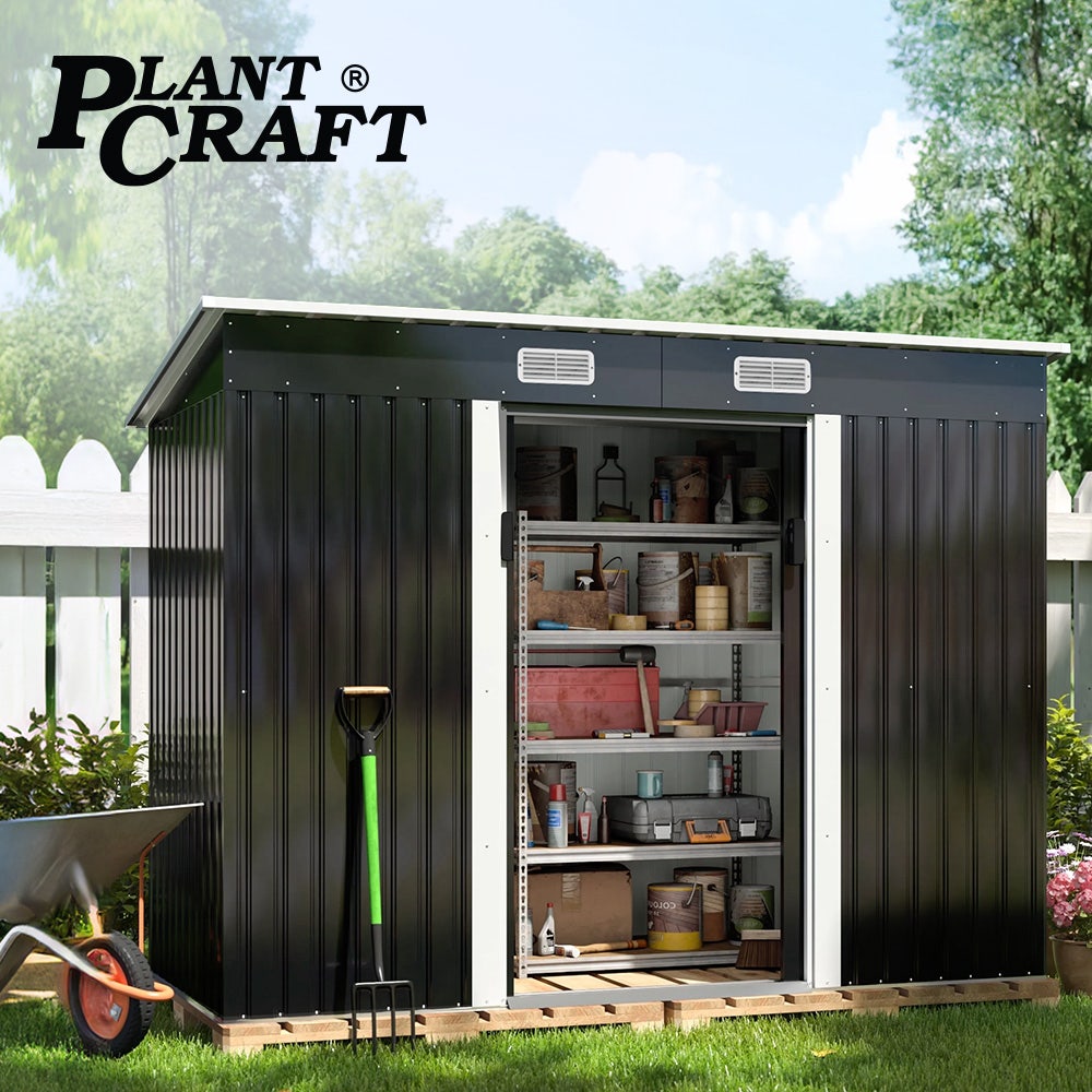 PlantCraft Galvanised Steel Garden Shed 2.38 x 1.31 x 1.82m, with 2 Sliding Doors, 2 Air Vents, Skillion V219-GSDSTLPC31SA
