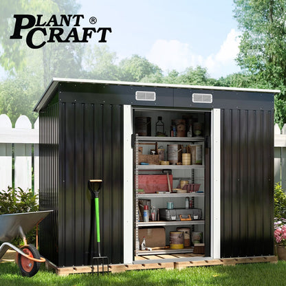PlantCraft Galvanised Steel Garden Shed 2.38 x 1.31 x 1.82m, with 2 Sliding Doors, 2 Air Vents, Skillion V219-GSDSTLPC31SA
