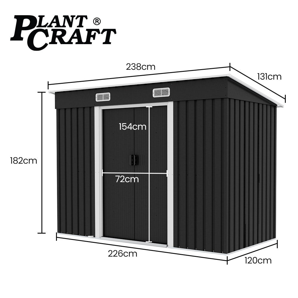 PlantCraft Galvanised Steel Garden Shed 2.38 x 1.31 x 1.82m, with 2 Sliding Doors, 2 Air Vents, Skillion V219-GSDSTLPC31SA