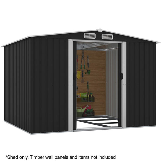 PLANTCRAFT Galvanised Steel Garden Shed 2.58 x 2.07 x 2.02m, with 2 Sliding Doors, 4 Air Vents, Gable Roof, V219-GSDSTLPC53GA