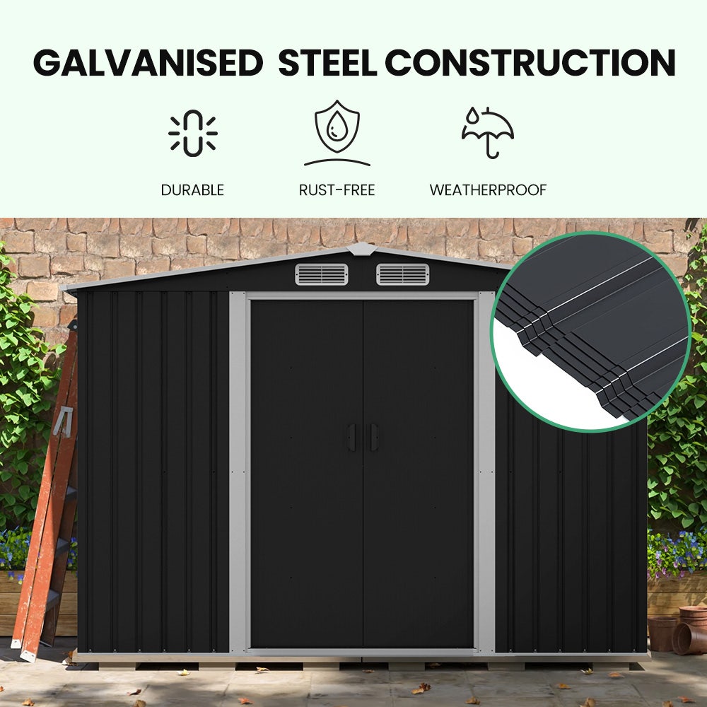 PLANTCRAFT Galvanised Steel Garden Shed 2.58 x 2.07 x 2.02m, with 2 Sliding Doors, 4 Air Vents, Gable Roof, V219-GSDSTLPC53GA