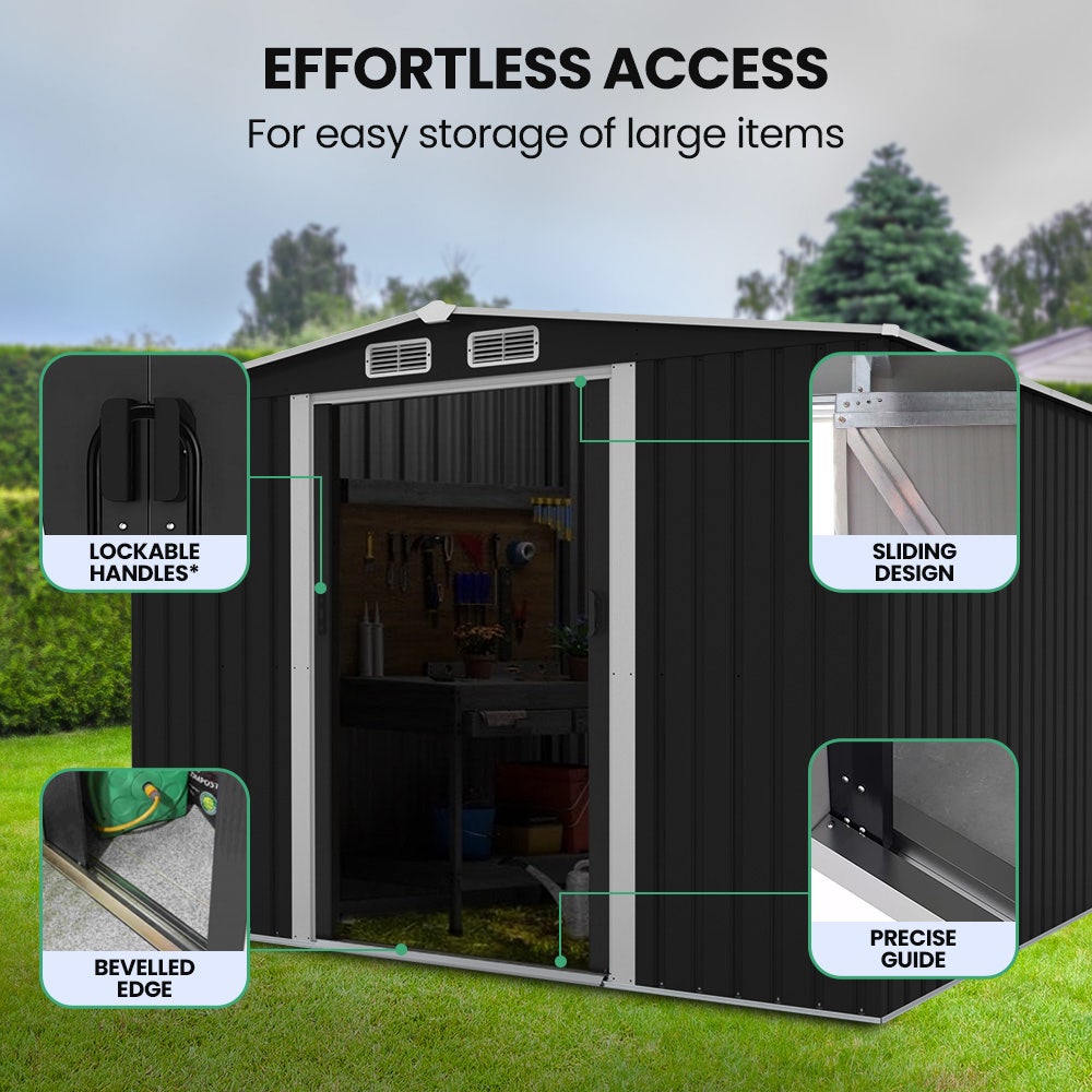 PLANTCRAFT Galvanised Steel Garden Shed 2.58 x 2.07 x 2.02m, with 2 Sliding Doors, 4 Air Vents, Gable Roof, V219-GSDSTLPC53GA