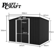 PLANTCRAFT Galvanised Steel Garden Shed 2.58 x 2.07 x 2.02m, with 2 Sliding Doors, 4 Air Vents, Gable Roof, V219-GSDSTLPC53GA