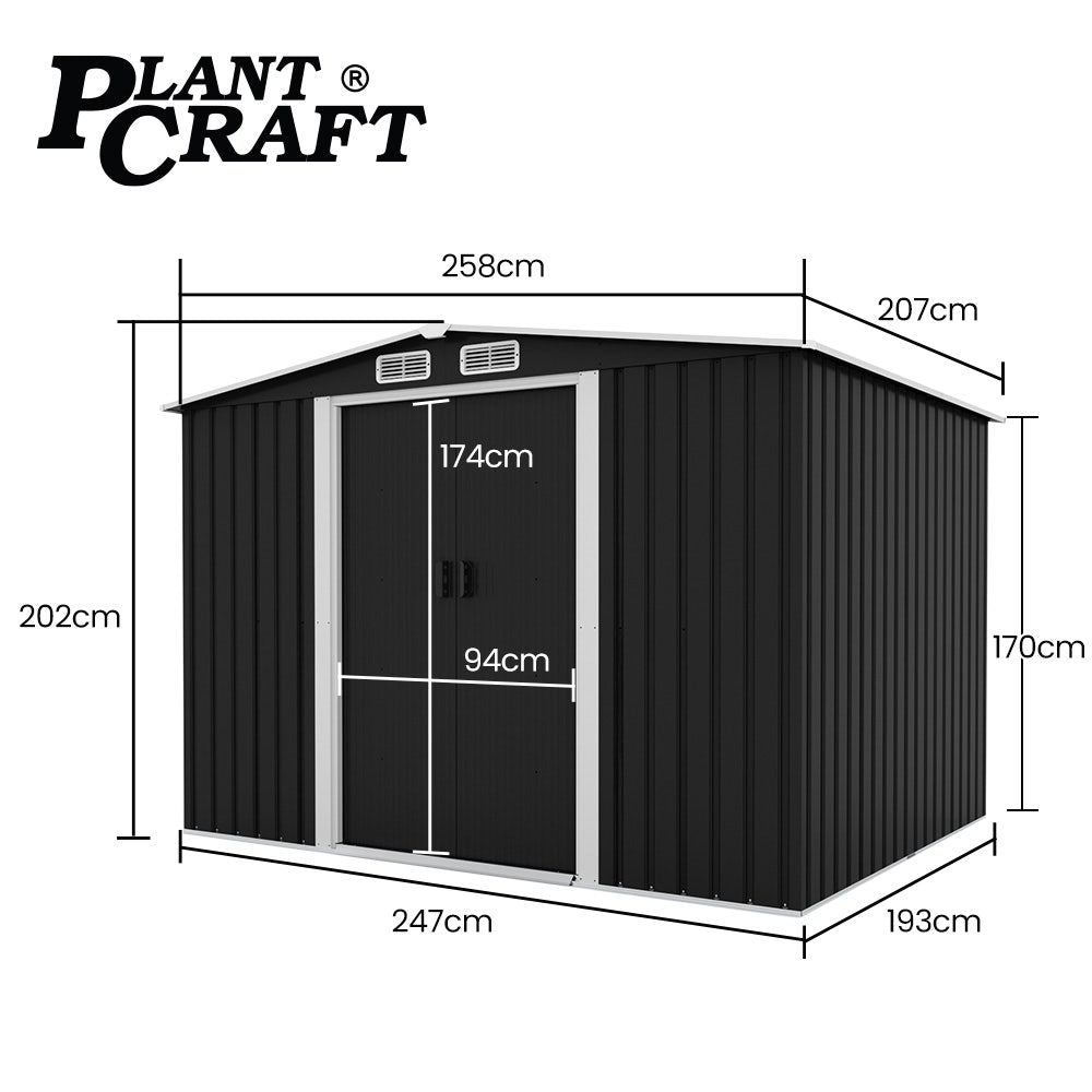 PLANTCRAFT Galvanised Steel Garden Shed 2.58 x 2.07 x 2.02m, with 2 Sliding Doors, 4 Air Vents, Gable Roof, V219-GSDSTLPC53GA