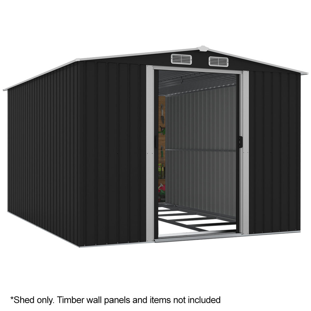 PlantCraft Galvanised Steel Garden Shed 2.58 x 3.13 x 2.02m, with 2 Sliding Doors, 4 Air Vents, Gable Roof, V219-GSDSTLPC80GA