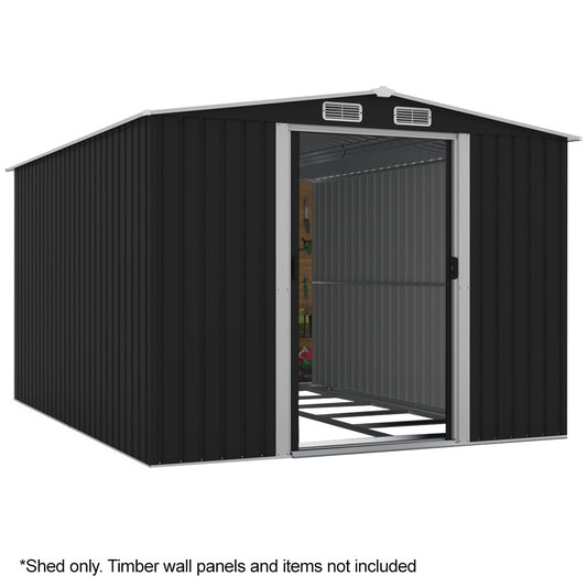 PlantCraft Galvanised Steel Garden Shed 2.58 x 3.13 x 2.02m, with 2 Sliding Doors, 4 Air Vents, Gable Roof, V219-GSDSTLPC80GA