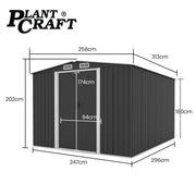 PlantCraft Galvanised Steel Garden Shed 2.58 x 3.13 x 2.02m, with 2 Sliding Doors, 4 Air Vents, Gable Roof, V219-GSDSTLPC80GA