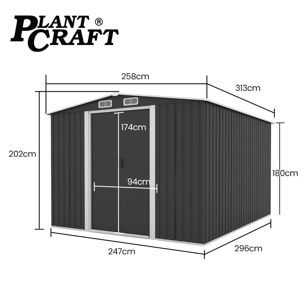 PlantCraft Galvanised Steel Garden Shed 2.58 x 3.13 x 2.02m, with 2 Sliding Doors, 4 Air Vents, Gable Roof, V219-GSDSTLPC80GA