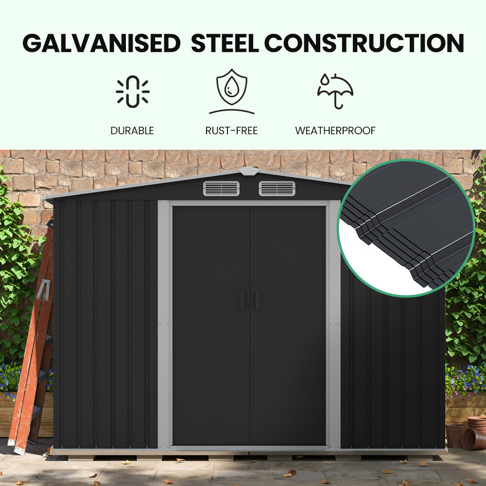 PlantCraft Galvanised Steel Garden Shed 2.58 x 3.13 x 2.02m, with 2 Sliding Doors, 4 Air Vents, Gable Roof, V219-GSDSTLPC80GA