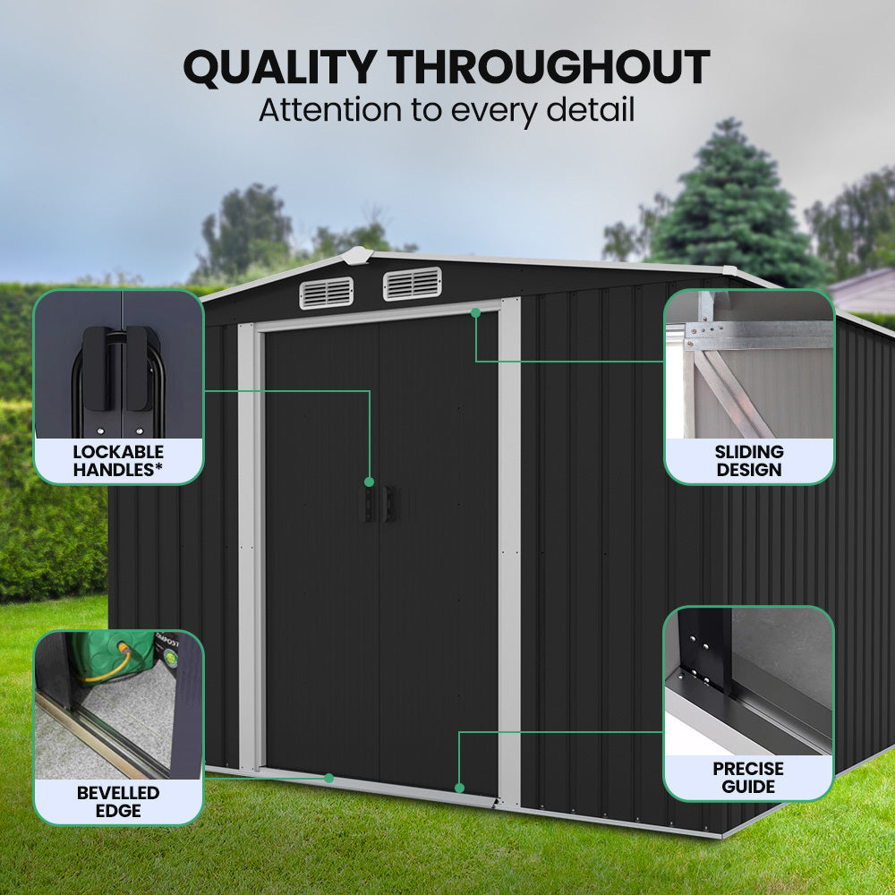 PlantCraft Galvanised Steel Garden Shed 2.58 x 3.13 x 2.02m, with 2 Sliding Doors, 4 Air Vents, Gable Roof, V219-GSDSTLPC80GA