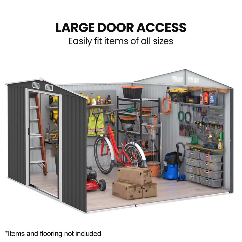 PlantCraft Galvanised Steel Garden Shed 2.58 x 3.13 x 2.02m, with 2 Sliding Doors, 4 Air Vents, Gable Roof, V219-GSDSTLPC80GA