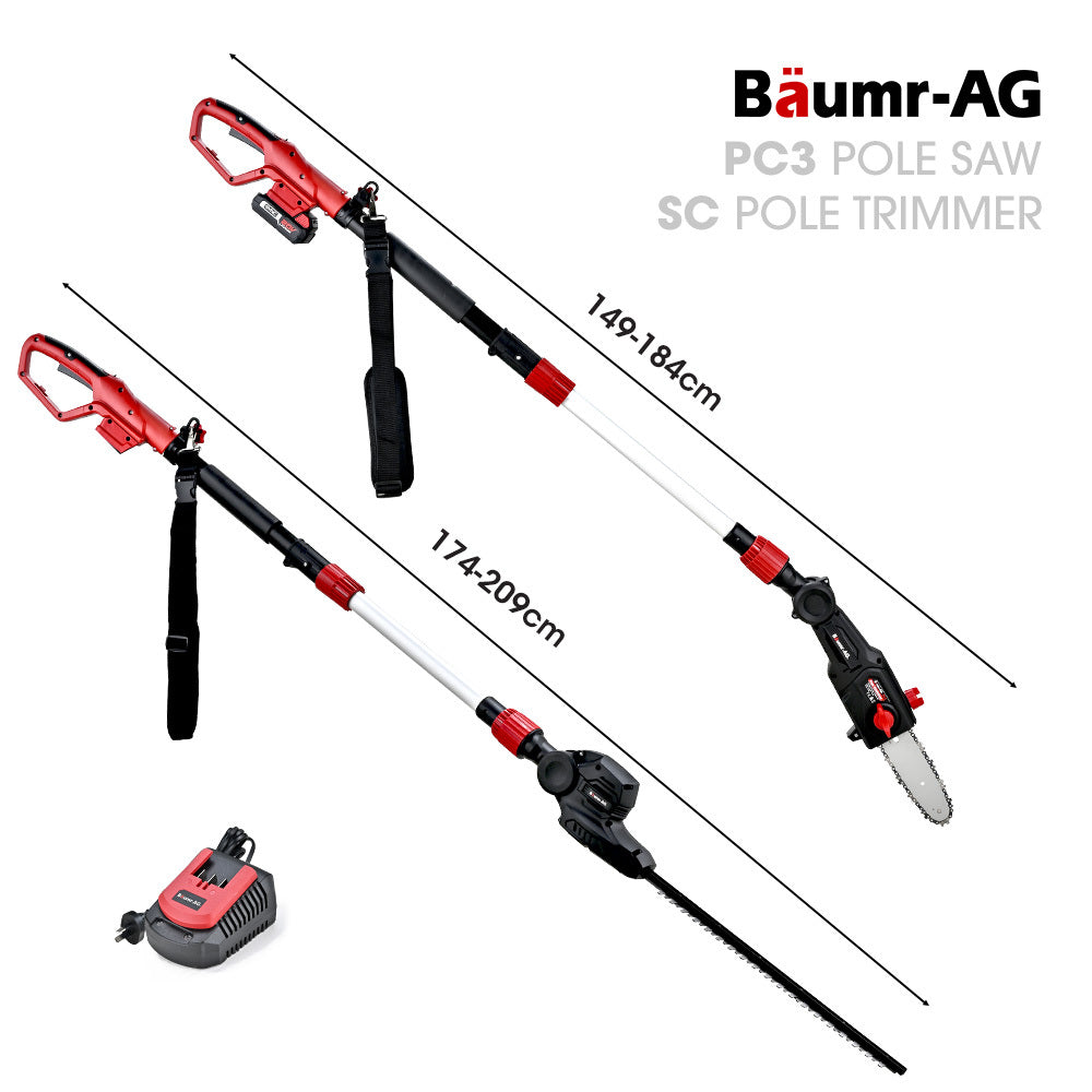BAUMR-AG 20V SYNC Cordless Pole Saw & Hedge Trimmer Combo, 8 inch Chainsaw Pruner, Telescopic Handle, with V219-GTCCLSBMHC3A