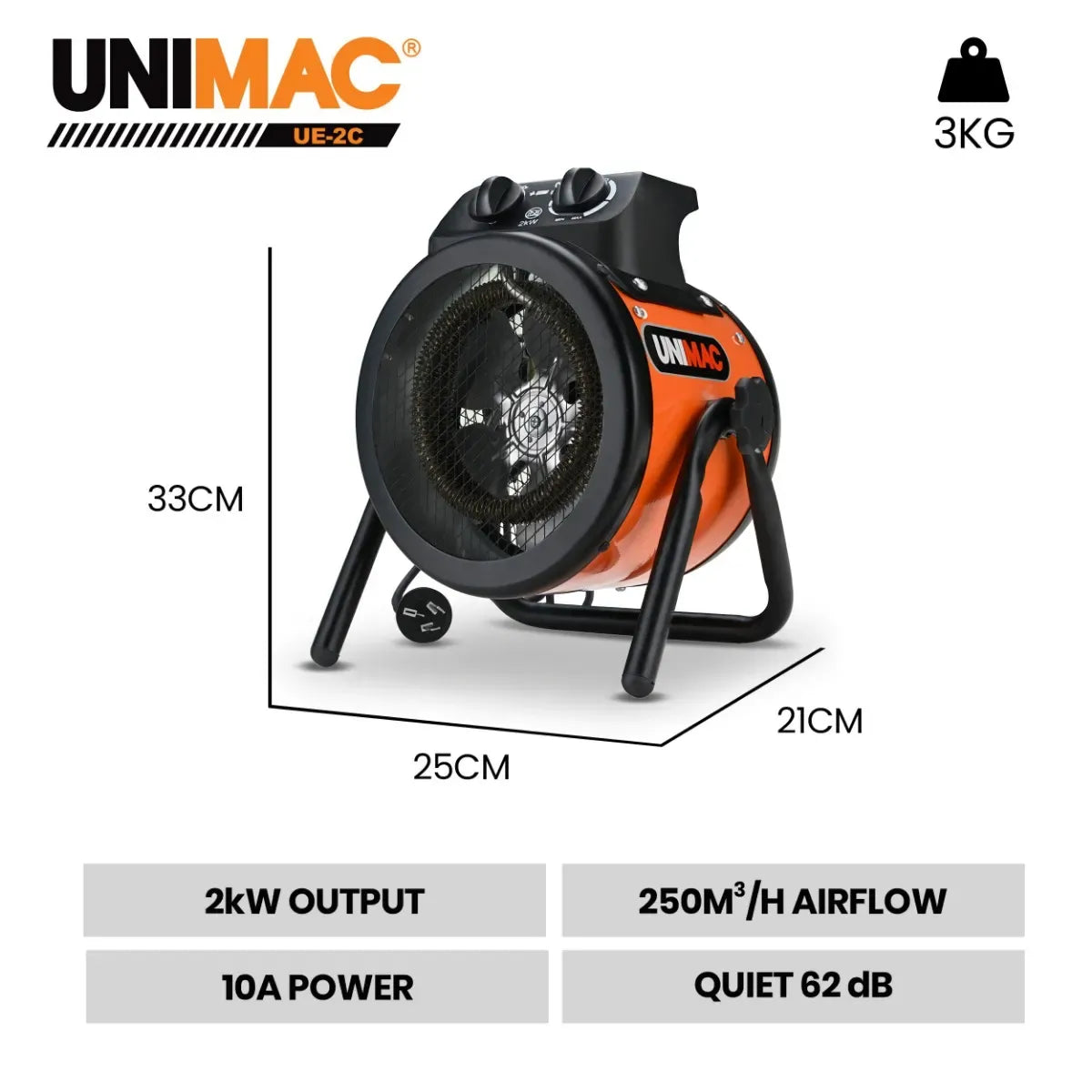 UNIMAC 2kW Industrial Electric Space Fan Heater, Tilt Angle, Fast Heating, 2 Heat Settings, Portable for V219-HEACHTUM4XCA