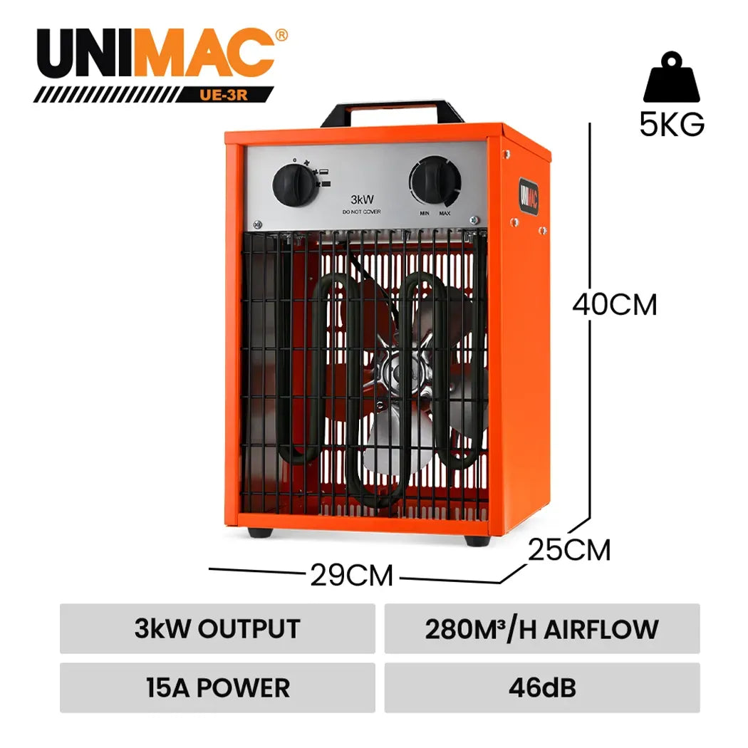 UNIMAC 3kW Industrial Electric Fan Heater, 15A, Adjustable Thermostat, 2 Heat Settings, Fast Heating, Compact V219-HEACHTUM6XRA