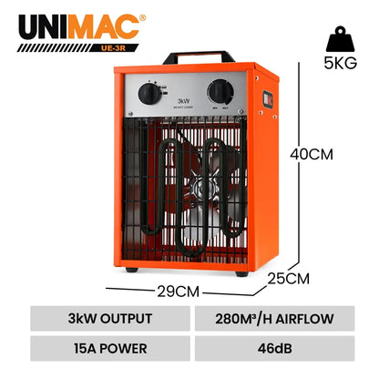 UNIMAC 3kW Industrial Electric Fan Heater, 15A, Adjustable Thermostat, 2 Heat Settings, Fast Heating, Compact V219-HEACHTUM6XRA