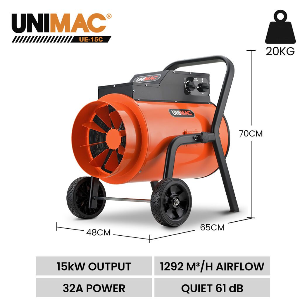 UNIMAC 15kW Portable Industrial Electric Space Fan Heater, 32A 3 Phase, Wheel Mounted, Adjustable Thermostat, V219-HEACHTUM8XCA