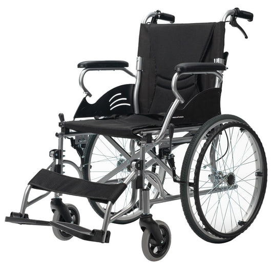 EQUIPMED 20 Inch Folding Wheelchair Lightweight Aluminium Portable with Park Brakes, Black V219-HECWLCEQB2BK