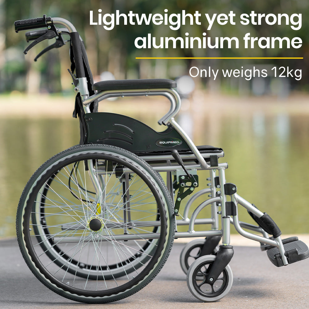 EQUIPMED 20 Inch Folding Wheelchair Lightweight Aluminium Portable with Park Brakes, Black V219-HECWLCEQB2BK