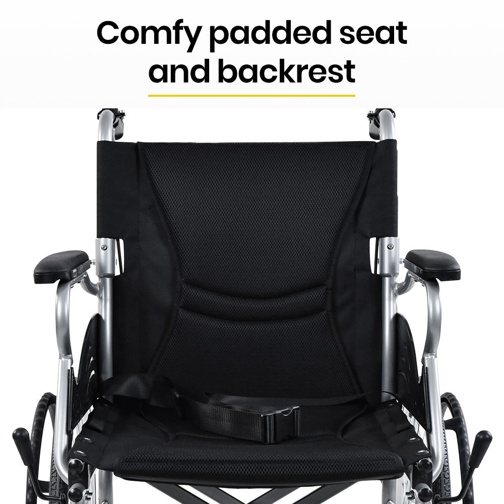 EQUIPMED 20 Inch Folding Wheelchair Lightweight Aluminium Portable with Park Brakes, Black V219-HECWLCEQB2BK