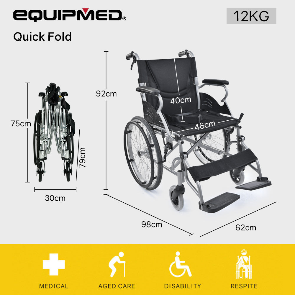 EQUIPMED 20 Inch Folding Wheelchair Lightweight Aluminium Portable with Park Brakes, Black V219-HECWLCEQB2BK